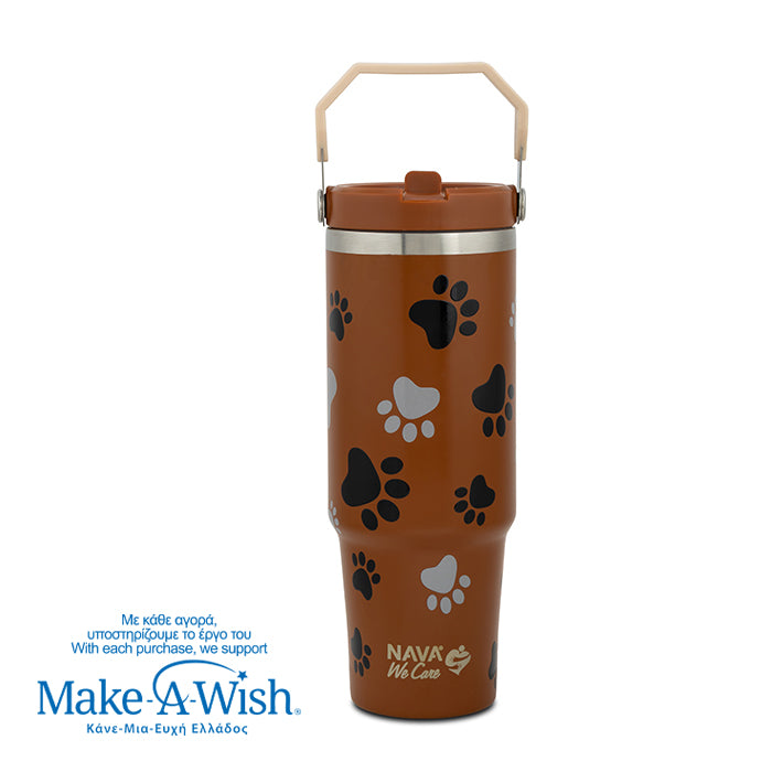 Stainless steel thermos tumbler with sip straw "We Care", Paw Prints 900ml