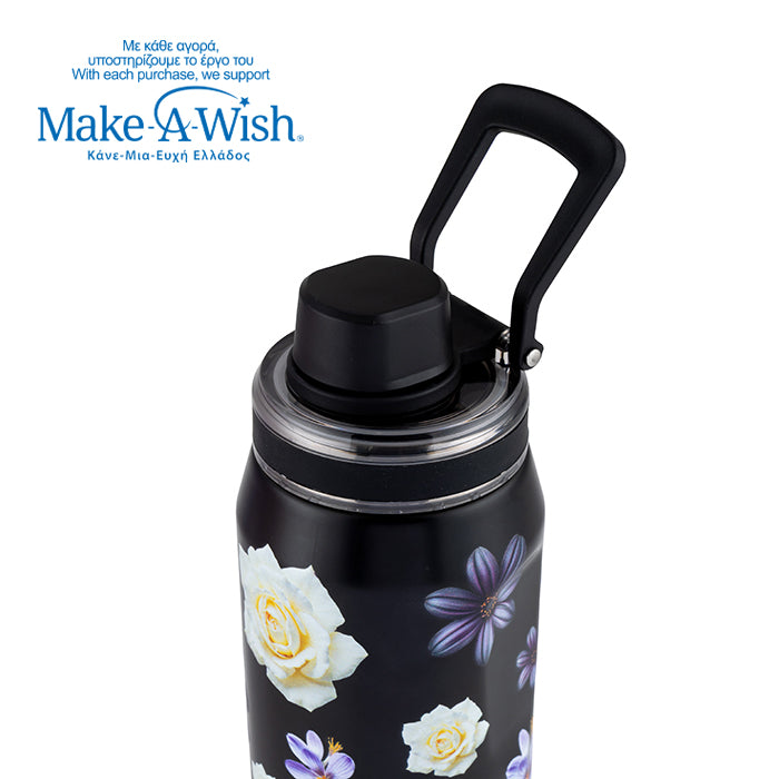 Stainless steel thermos bottle with spout "We Care", Black Floral 500ml