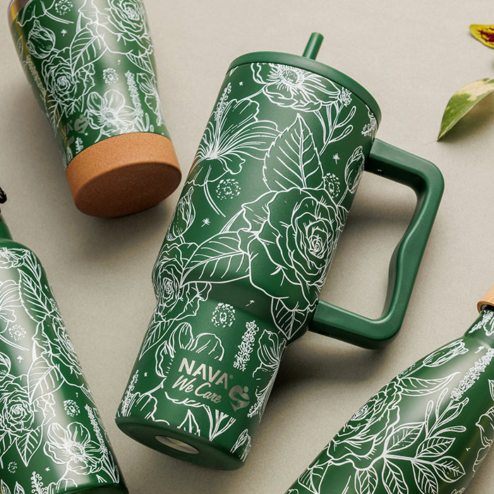 Stainless steel thermos tumbler with plastic straw "We Care", Sketch Floral 900ml