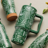 Stainless steel thermos tumbler with plastic straw "We Care", Sketch Floral 900ml