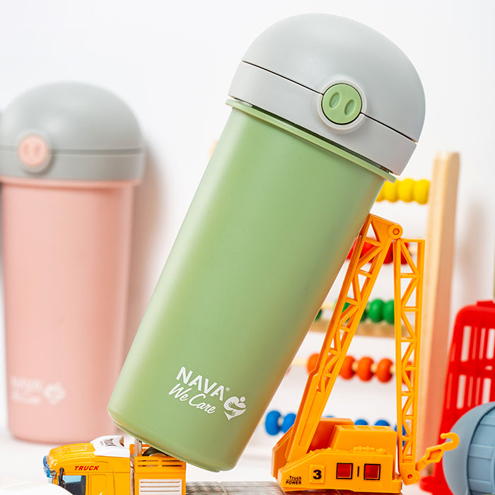 Plastic water bottle with silicone straw "We Care", green 380ml
