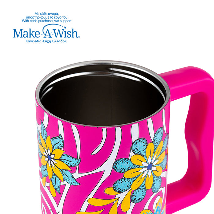 Stainless steel thermos tumbler with plastic straw "We Care", Magenta Floral 900ml