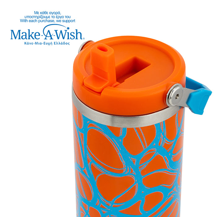 Stainless steel thermos tumbler with sip straw "We Care", Blue Print 900ml