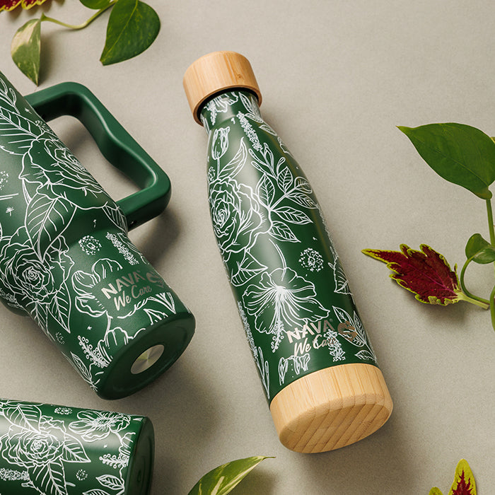 Stainless steel vacuum travel bottle bamboo "We care", Sketch Floral 500ml