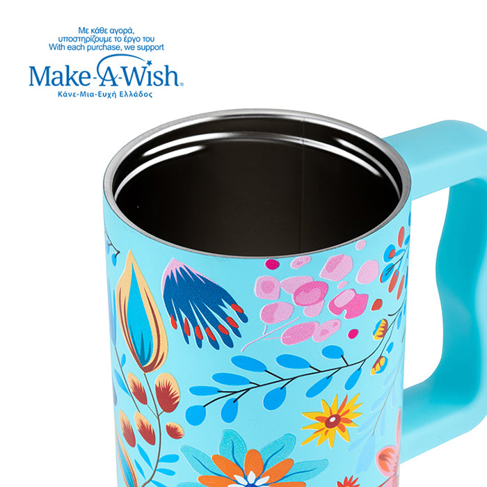 Stainless steel thermos tumbler with plastic straw "We Care", Cyan Floral 900ml