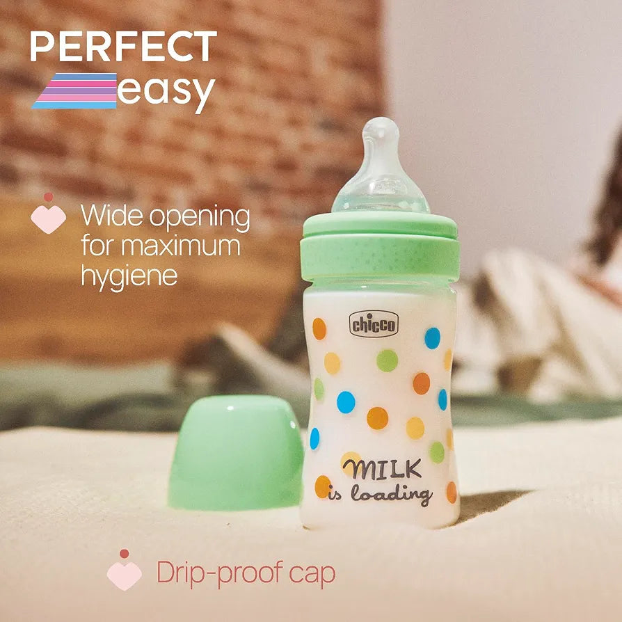 Chicco Perfect Easy Slow Flowing Feeding Bottle, with Soft Silicone Physio Teat and Soft Sense finish, Anti-Anticolic, Reduces Burping and Irritability, 150ml Plastic Bottle, 0+ M
