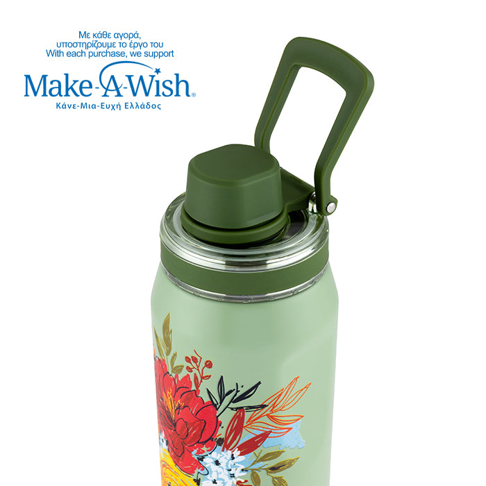 Stainless steel thermos bottle with spout "We Care", Green Floral 500ml