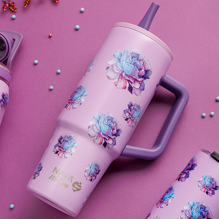 Stainless steel thermos tumbler with plastic straw "We Care", Purple Floral 900ml