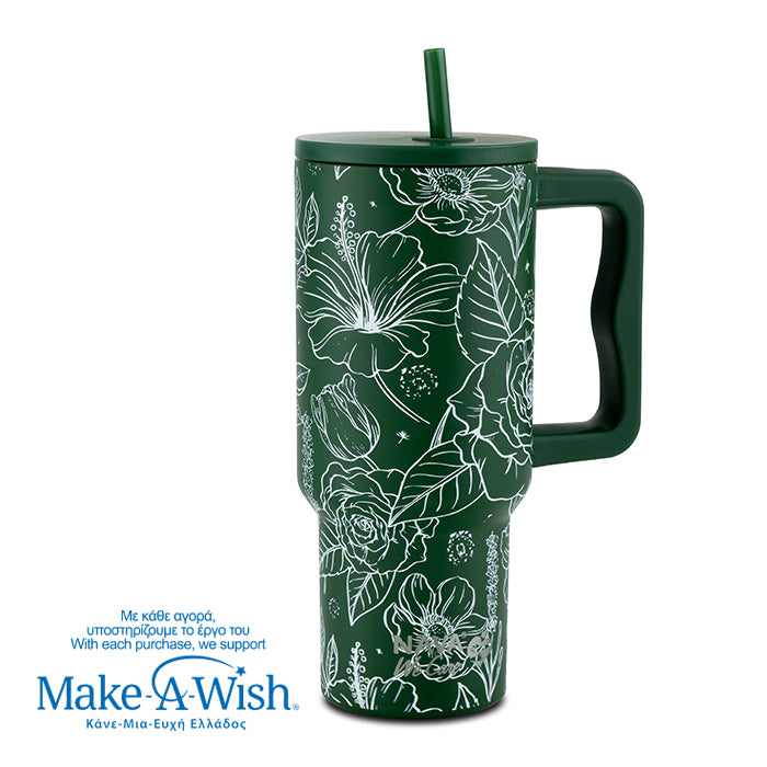 Stainless steel thermos tumbler with plastic straw "We Care", Sketch Floral 900ml
