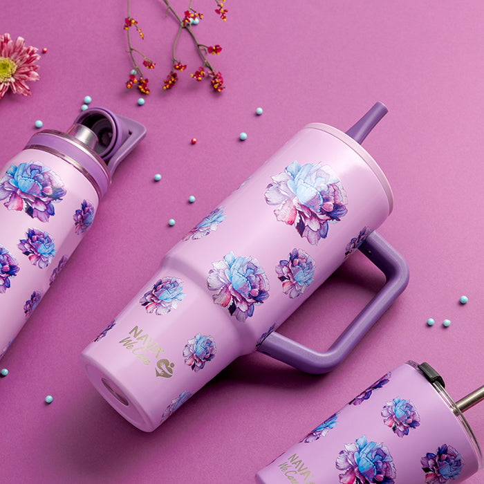 Stainless steel thermos tumbler with plastic straw "We Care", Purple Floral 900ml