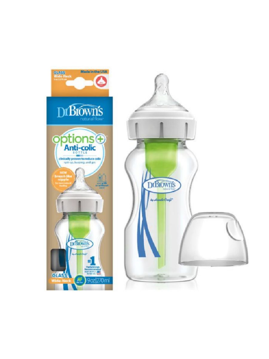 Dr Brown’s Anti-colic Options+ Wide-Neck Glass Baby Bottle 0M+ (Biberon Qelq) *270ml
