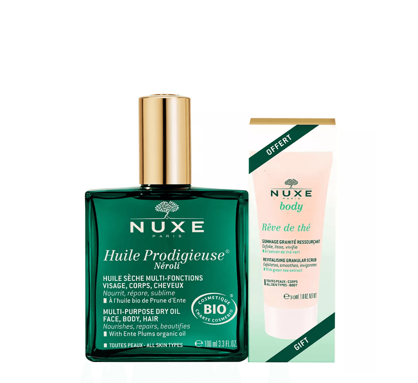 Nuxe Prodigieux® NEROLI KIT- Huile Seche Multi- Function NEROLI 100ml + Rêve de Thé- Gommage Granité Ressourçant 30 ml - Halsa