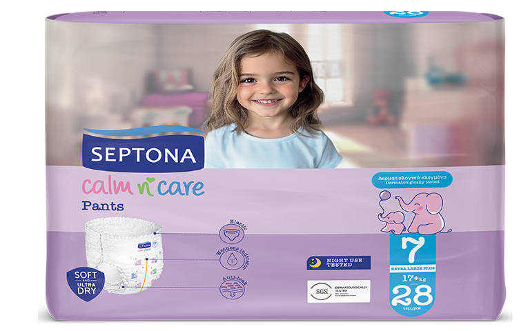 Septona Calm & Care Pants diaper package with soft ultra dry features, night use tested, size 7, 28 count