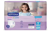 Septona Calm & Care Pants diaper package with soft ultra dry features, night use tested, size 7, 28 count